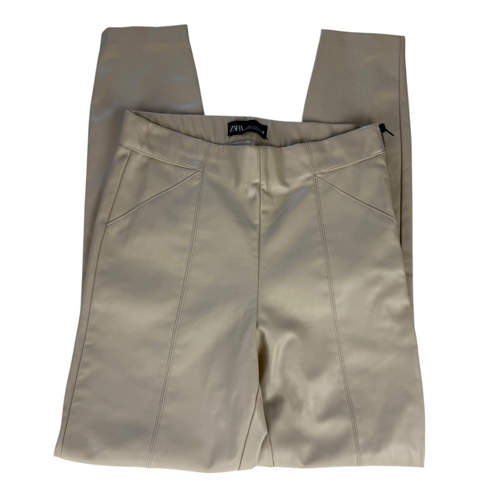 Zara Faux Leather Pants Womens Size Small Beige Skinny Ankle‎ Zipper Hem Modern - Picture 3 of 10
